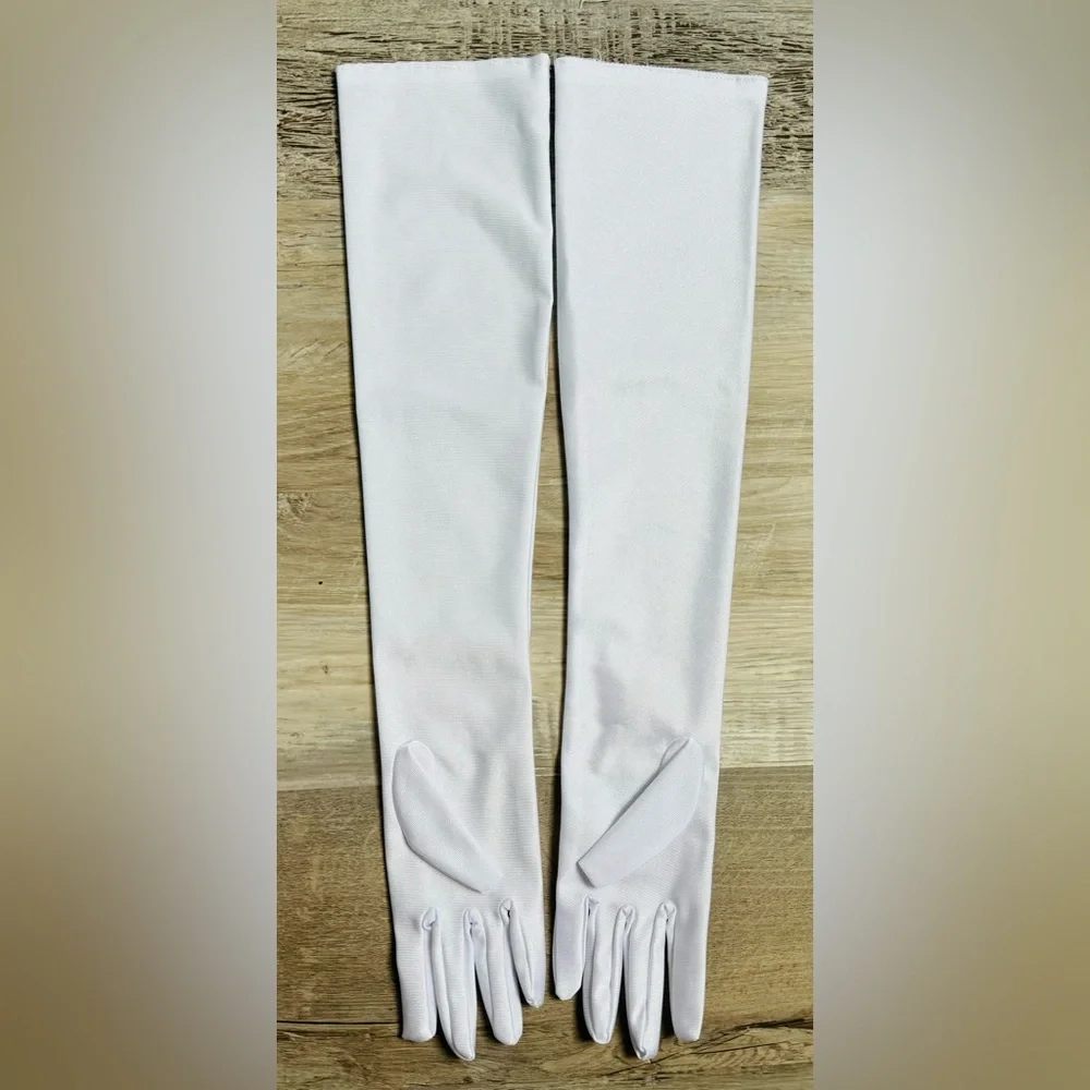These long women's gloves, 20 inches in length, are made of stretchy satin